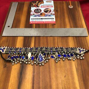 Blue Glass Stone Afghan Choker: Kuchi Tribal Necklace with Bells